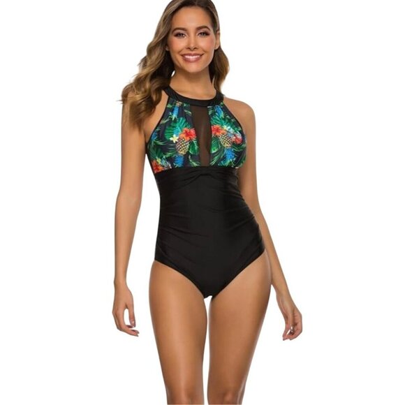 Vintage Push Up Black Tropical Mesh Detail One-Piece Swimsuit Size L - Picture 6 of 8